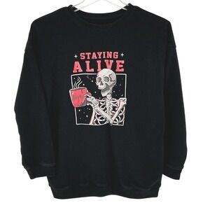 Black Skeleton Coffee "Staying Alive" Graphic Sweatshirt Crewneck Pullover Top L